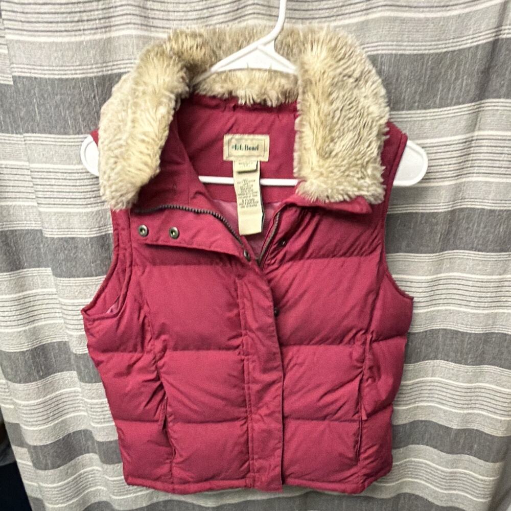 L.L.Bean Women’s PXS Petite Pink Down Puffer Vest Full Zip Collared Faux Fur